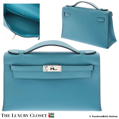 HERMES Kelly Pochette Turquoise Swift, Pre-Owned